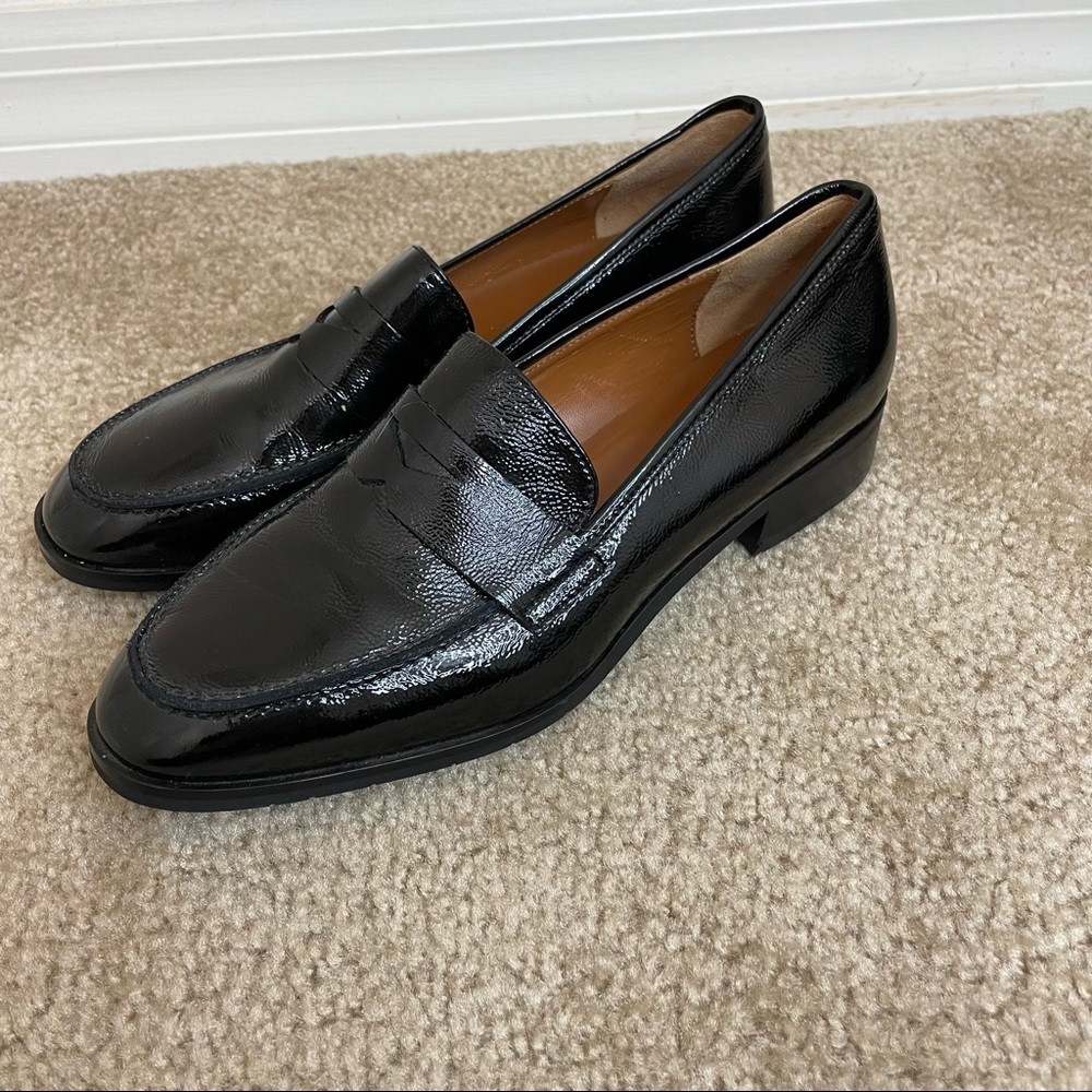 Aquatalia Sharon Black Naplak Patent Leather Penny Loafer Slip On Flat